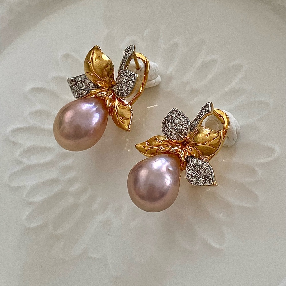 E63-Handmade Pink Edison Pesarl Two Tone Earring - Picture 2 of 9
